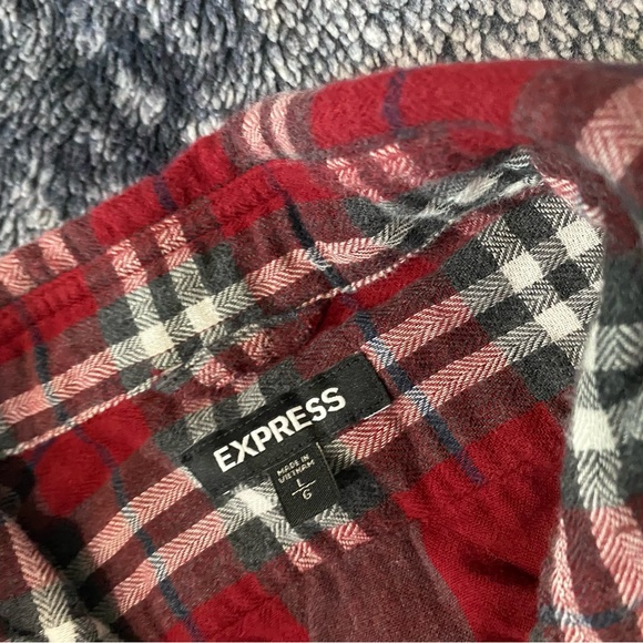 Express Men’s Large Burgundy Plaid Long Sleeve Button Front Flannel Shirt - Picture 5 of 8